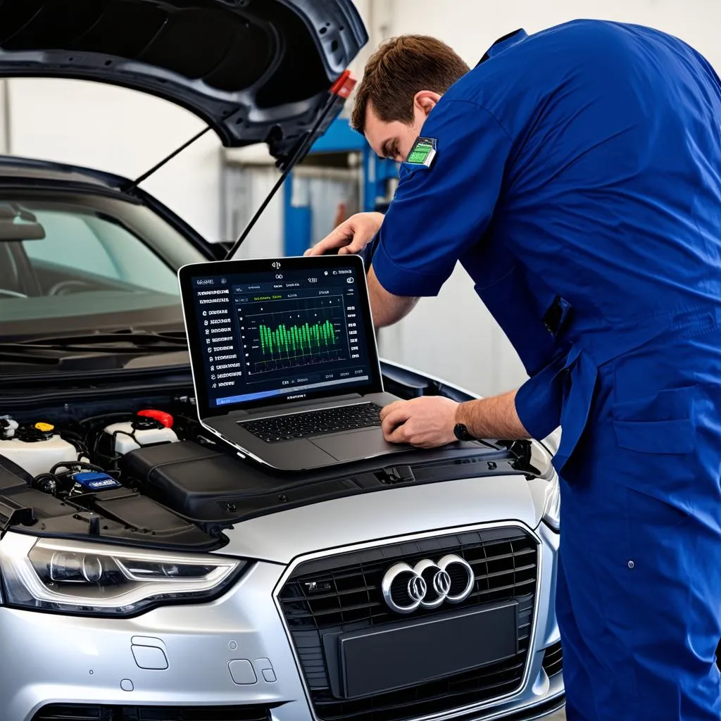 Mechanic running diagnostics with a laptop and a Bluetooth adapter.